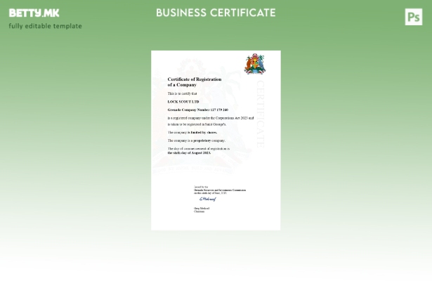 модерен стил Гренада сертификат за регистрација Шаблон Word и PDF шаблон ().